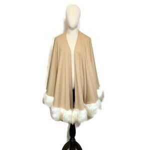 Donna Salyers Fabulous Furs Faux Fur Trim Tan Knit Open Cape Poncho Shawl OS